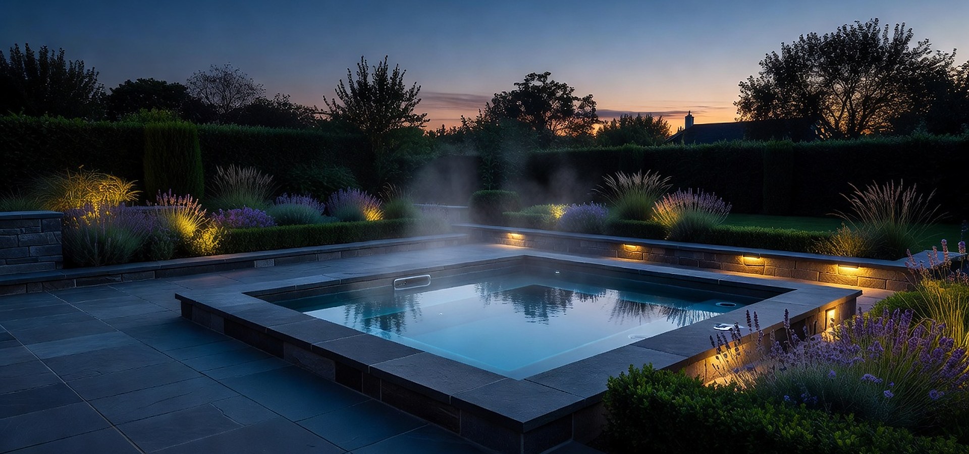 Elegant outdoor hot tub set into a landscaped patio at dusk