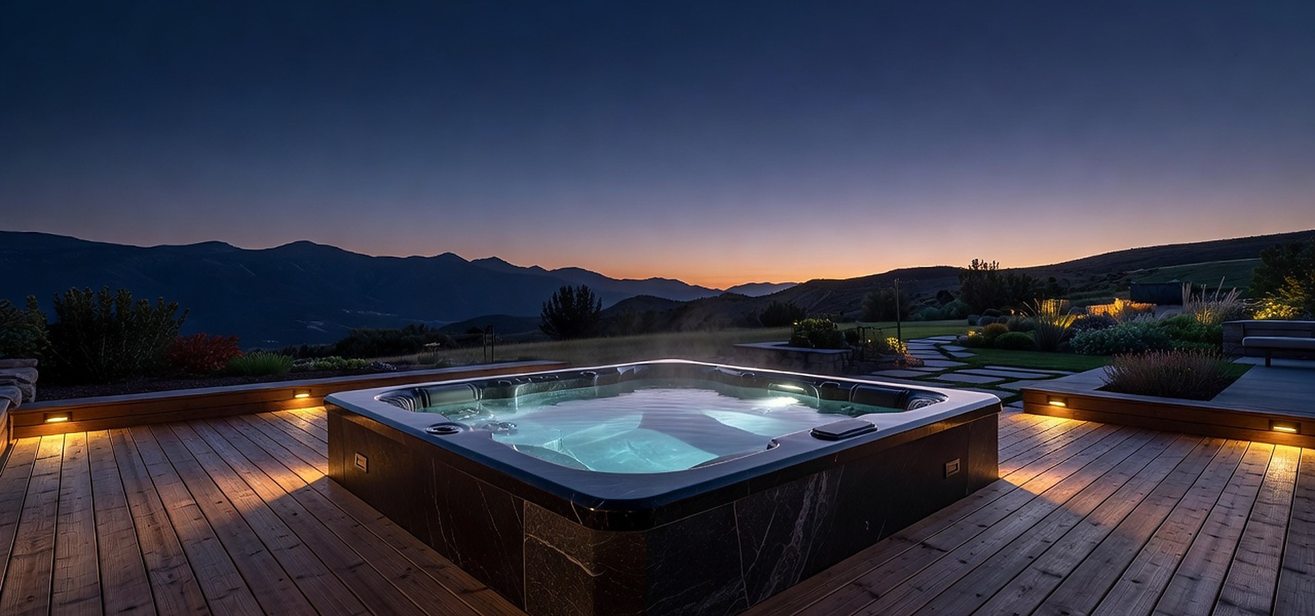 Luxury outdoor hot tub with clear steaming water on a modern deck