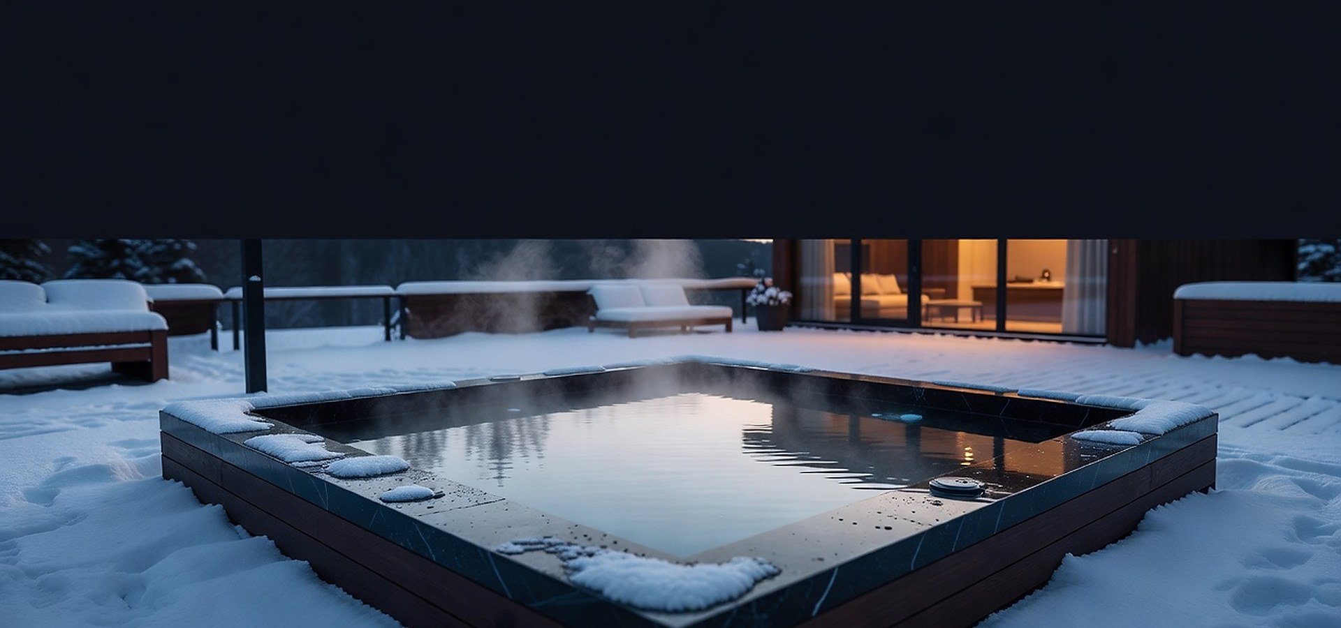Steaming outdoor hot tub beside a luxury winter cabin