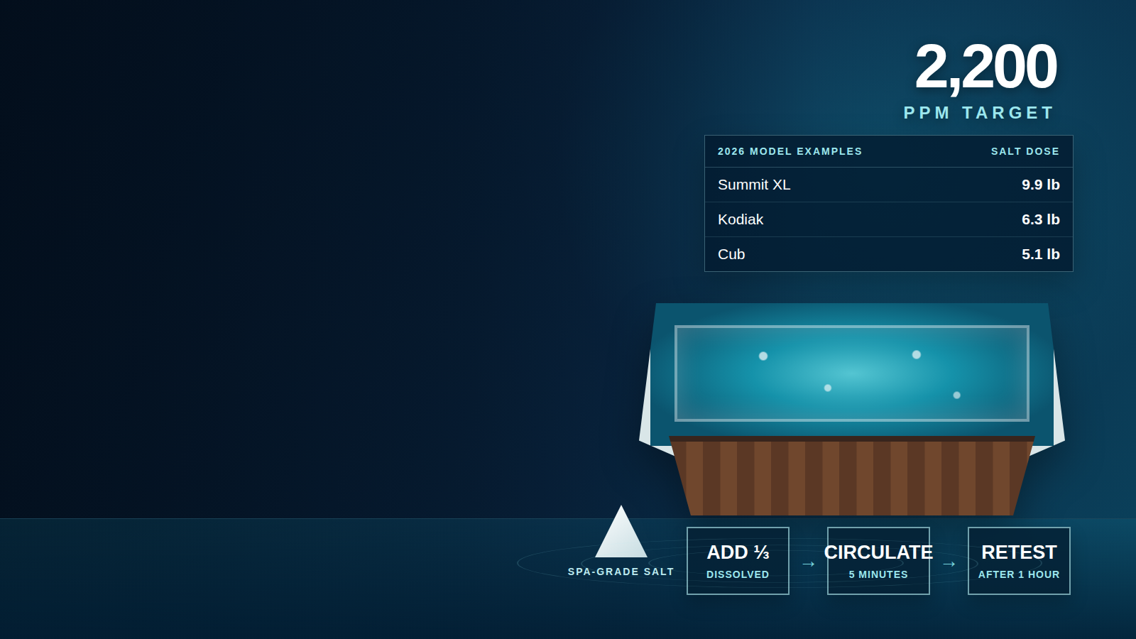 Arctic Spa Spa Boy salt dosage guide showing a 2,200 ppm target and staged salt additions